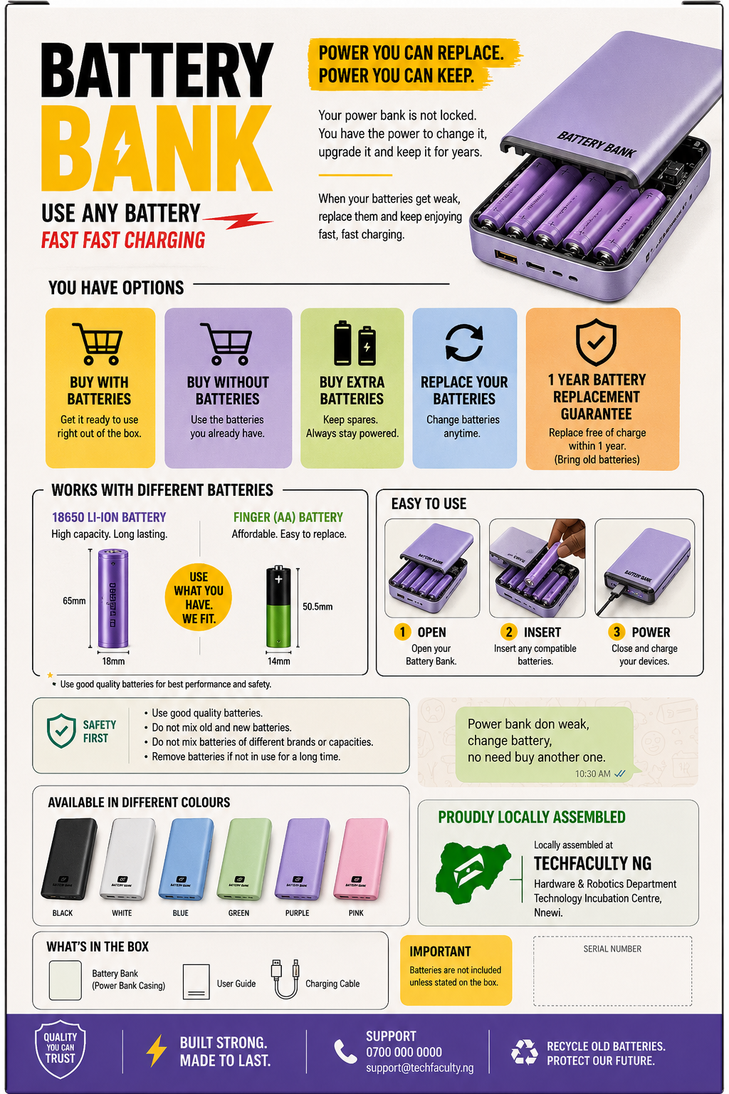 Battery Bank features: works with 18650 and AA batteries, colour options, 1-year battery replacement guarantee