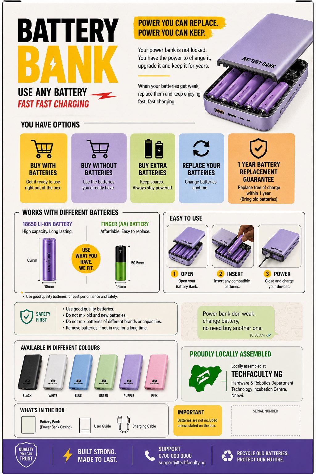 Battery Bank features: works with 18650 and AA batteries, colour options, 1-year battery replacement guarantee