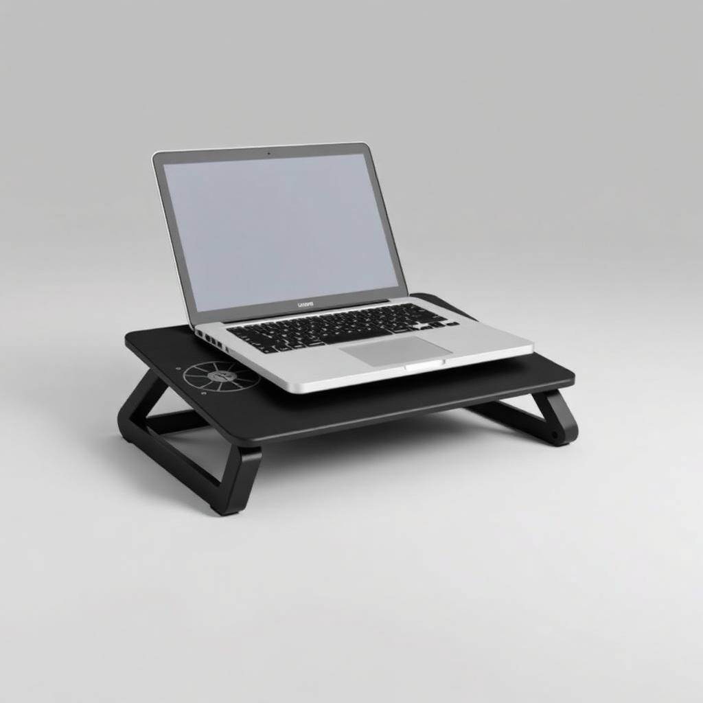 Black laptop cooling pad stand with a laptop resting on it