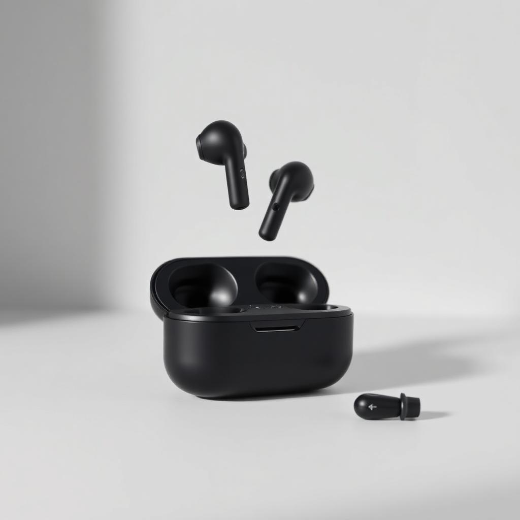 Black wireless earbuds floating above an open charging case