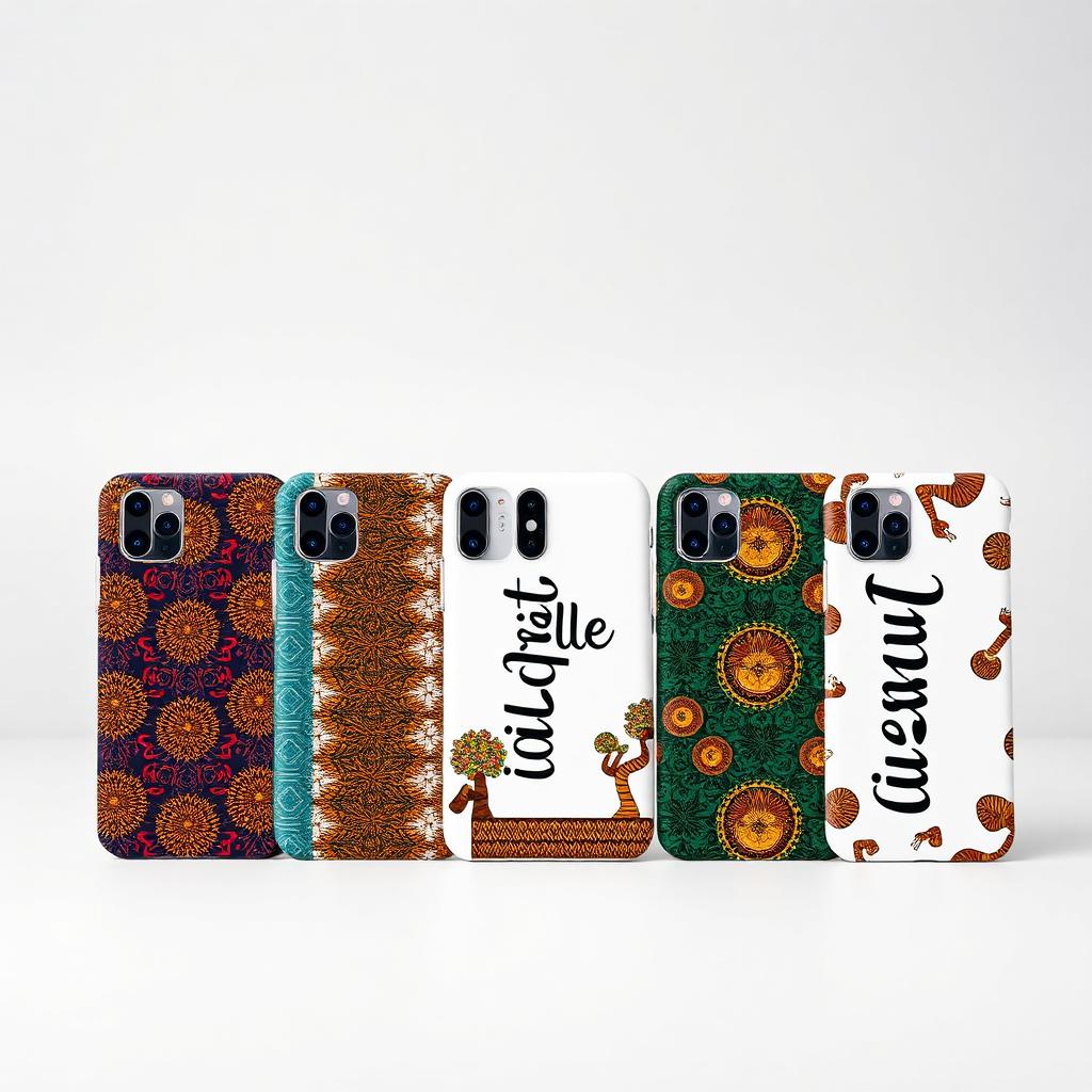 Row of custom printed phone cases with Ankara patterns and personalised names